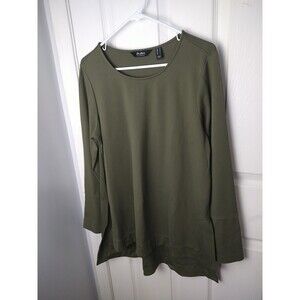 Du Jour Woman M Green Tunic Knit Top Hi Low Lagenlook Boho Casual Pullover Slit